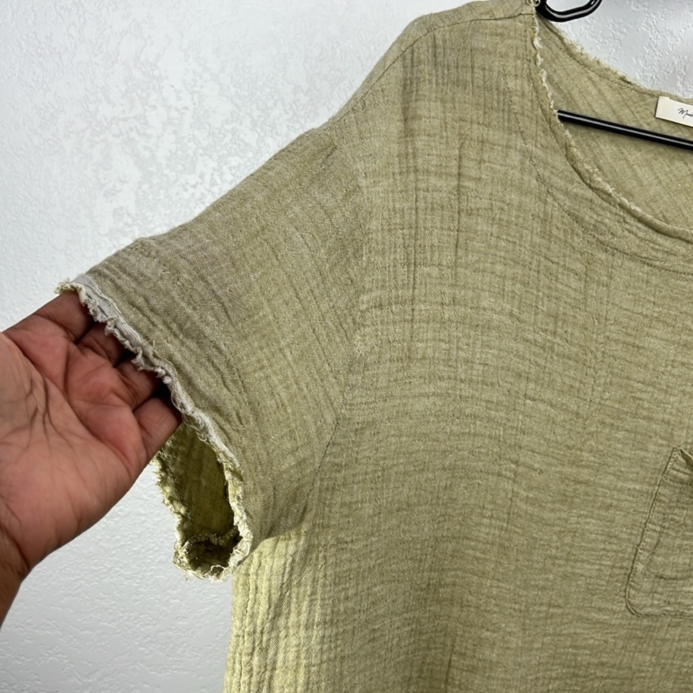 Mustard‎ Seed Sage Green Short Sleeve Top Raw Edge Cotton Bohemian Sz S TC0761 - Picture 5 of 9